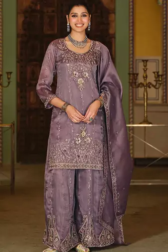 Women Paisley Embroidered Regular Beads and Stones Kurta with Palazzos & With Dupatta