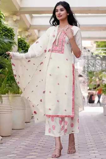 Floral Embroidered Thread Work  Cotton Kurta With Palazzos & Dupatta