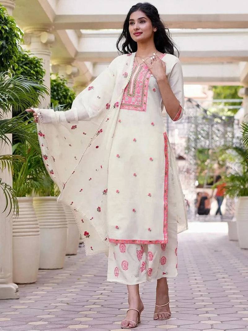 Floral Embroidered Thread Work  Cotton Kurta With Palazzos & Dupatta