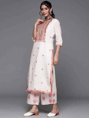 Floral Embroidered Thread Work  Cotton Kurta With Palazzos & Dupatta 5