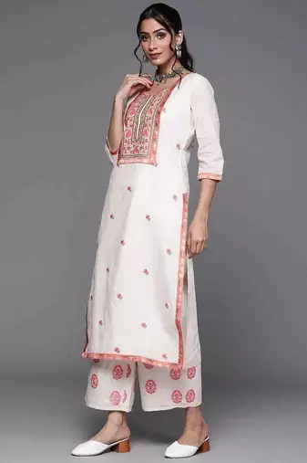 Floral Embroidered Thread Work  Cotton Kurta With Palazzos & Dupatta