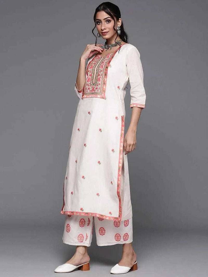 Floral Embroidered Thread Work  Cotton Kurta With Palazzos & Dupatta