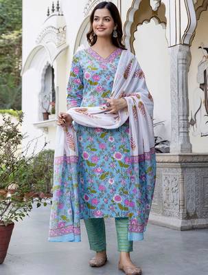 Women Floral Printed Regular Mirror Work Pure Cotton Kurta with Trousers & With Dupatta 1