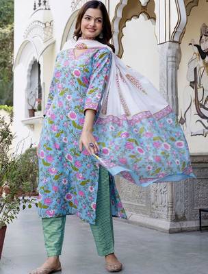Women Floral Printed Regular Mirror Work Pure Cotton Kurta with Trousers & With Dupatta 4