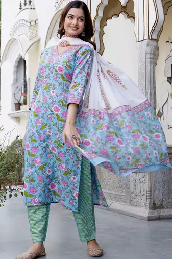 Women Floral Printed Regular Mirror Work Pure Cotton Kurta with Trousers & With Dupatta