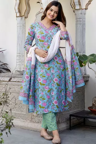 Women Floral Printed Regular Mirror Work Pure Cotton Kurta with Trousers & With Dupatta
