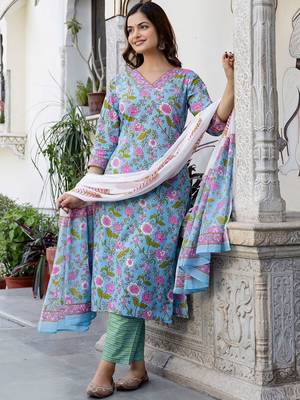 Women Floral Printed Regular Mirror Work Pure Cotton Kurta with Trousers & With Dupatta 6