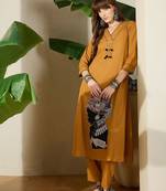 Women Mustard Embroidered A-Line Kurta Trousers Set