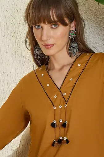 Women Mustard Embroidered A-Line Kurta Trousers Set