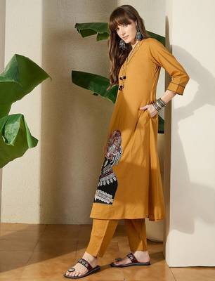 Women Mustard Embroidered A-Line Kurta Trousers Set 3
