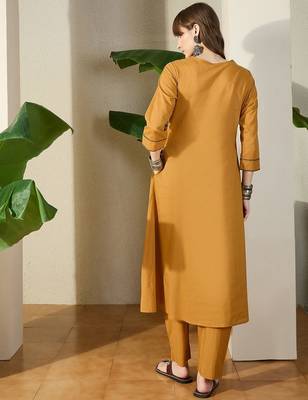 Women Mustard Embroidered A-Line Kurta Trousers Set 4