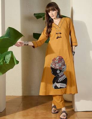 Women Mustard Embroidered A-Line Kurta Trousers Set 5