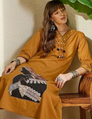 Women Mustard Embroidered A-Line Kurta Trousers Set 6
