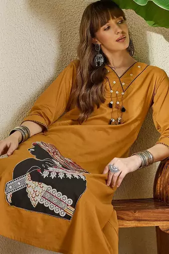 Women Mustard Embroidered A-Line Kurta Trousers Set