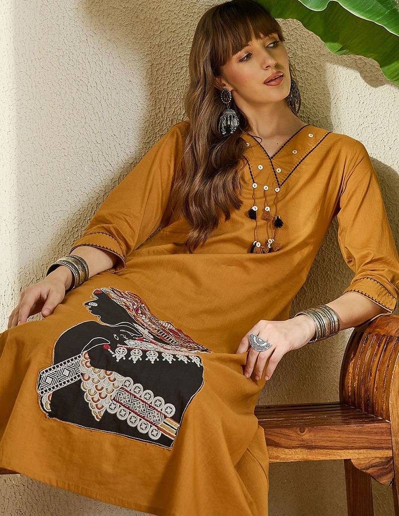 Women Mustard Embroidered A-Line Kurta Trousers Set