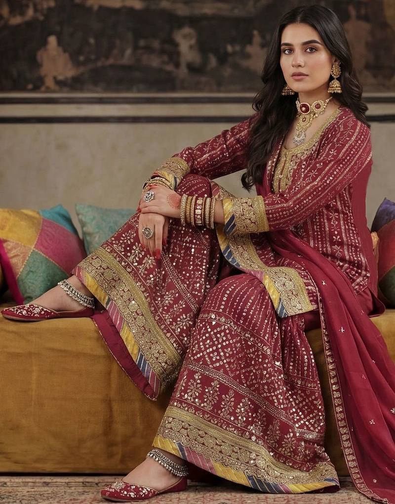 Women Ethnic Motifs Embroidered Regular Sequinned Kurta with Sharara & With Dupatta