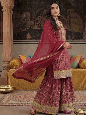 Women Ethnic Motifs Embroidered Regular Sequinned Kurta with Sharara & With Dupatta 1