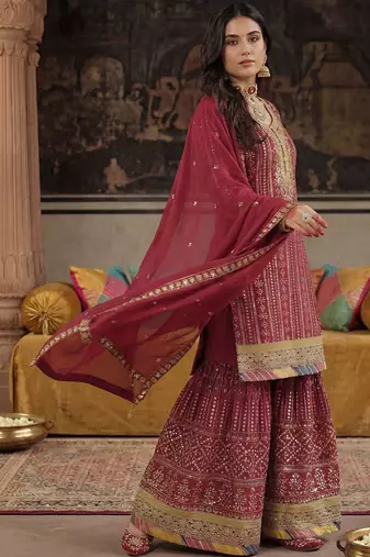 Women Ethnic Motifs Embroidered Regular Sequinned Kurta with Sharara & With Dupatta