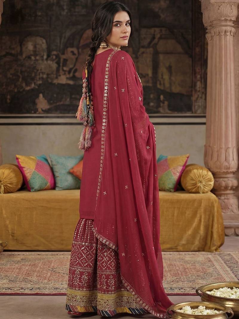 Women Ethnic Motifs Embroidered Regular Sequinned Kurta with Sharara & With Dupatta
