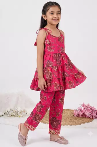 Magenta poly rayon paisley digital printed set for girls kid