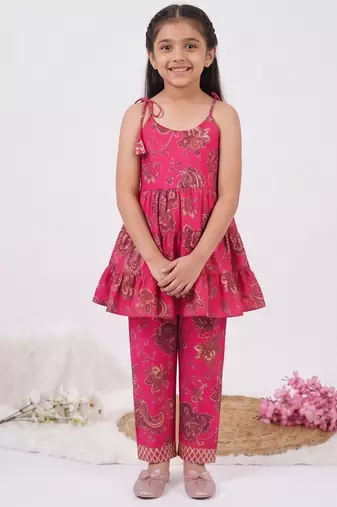 Magenta poly rayon paisley digital printed set for girls kid