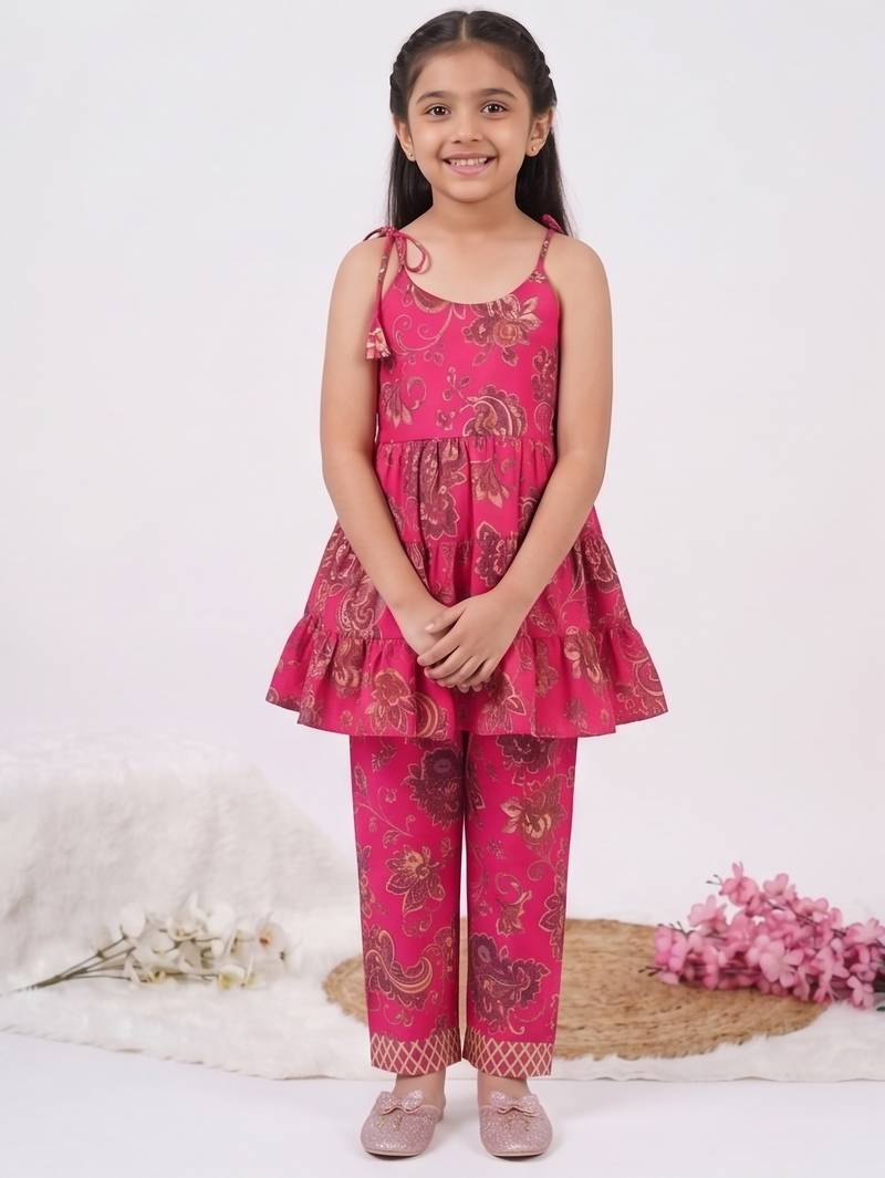 Magenta poly rayon paisley digital printed set for girls kid