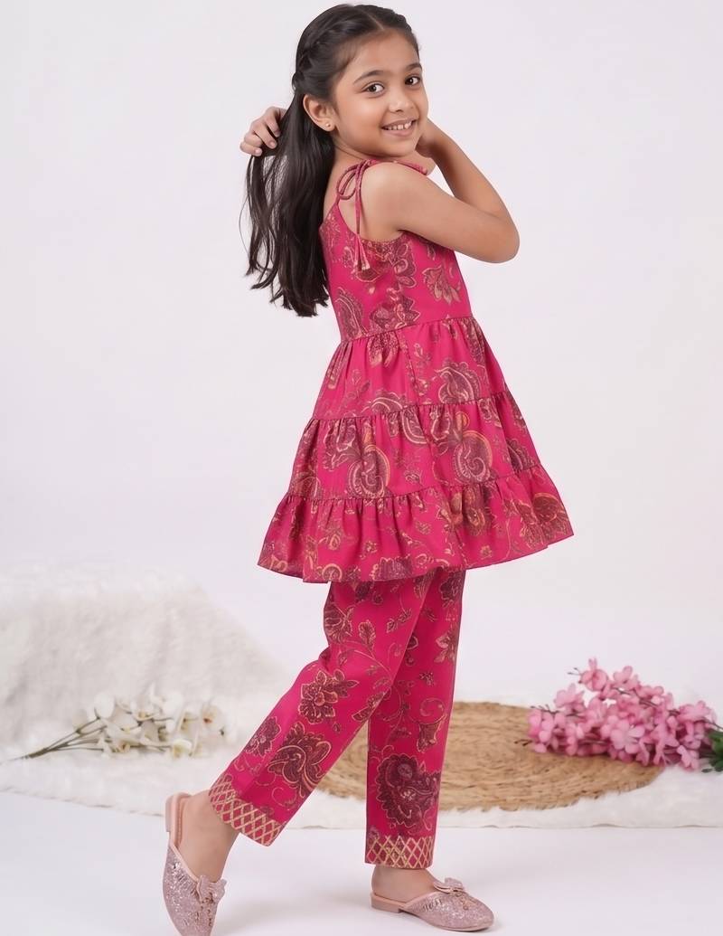 Magenta poly rayon paisley digital printed set for girls kid