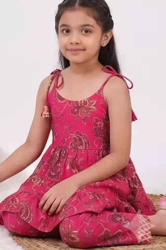 Magenta poly rayon paisley digital printed set for girls kid