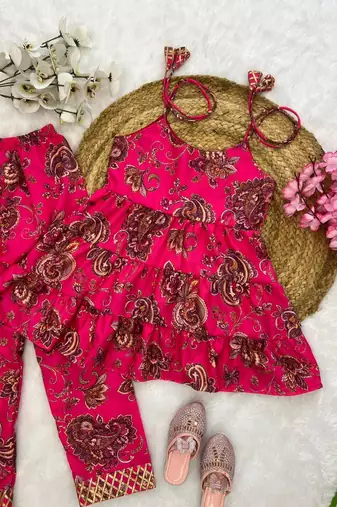 Magenta poly rayon paisley digital printed set for girls kid
