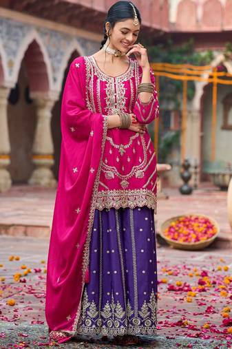 Floral Embroidered Sequinned Chinon Straight Kurta With Palazzos & Dupatta