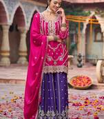 Floral Embroidered Sequinned Chinon Straight Kurta With Palazzos & Dupatta