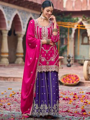 Floral Embroidered Sequinned Chinon Straight Kurta With Palazzos & Dupatta 3