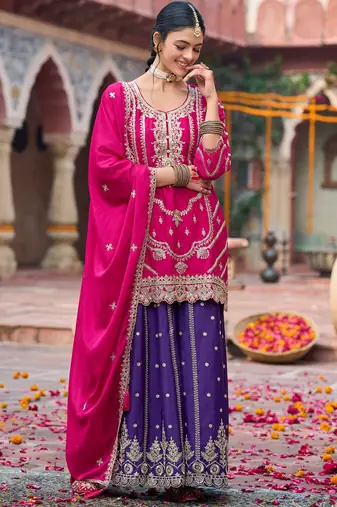 Floral Embroidered Sequinned Chinon Straight Kurta With Palazzos & Dupatta
