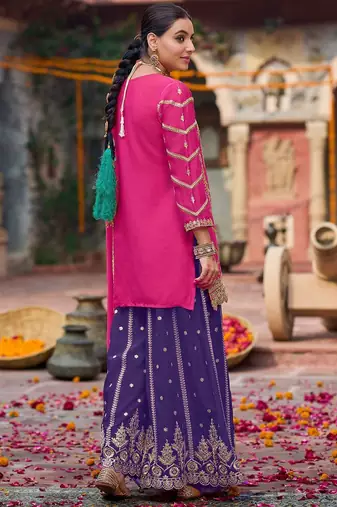 Floral Embroidered Sequinned Chinon Straight Kurta With Palazzos & Dupatta