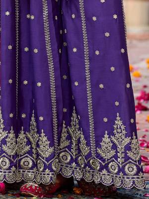 Floral Embroidered Sequinned Chinon Straight Kurta With Palazzos & Dupatta 6