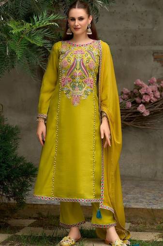 Floral Embroidered A-Line Round Neck Beads & Stones Kurta With Trousers & Dupatta