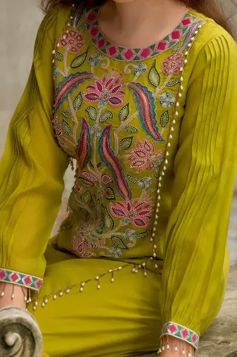 Floral Embroidered A-Line Round Neck Beads & Stones Kurta With Trousers & Dupatta
