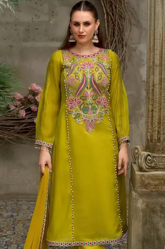 Floral Embroidered A-Line Round Neck Beads & Stones Kurta With Trousers & Dupatta