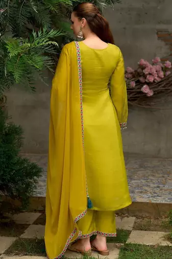 Floral Embroidered A-Line Round Neck Beads & Stones Kurta With Trousers & Dupatta