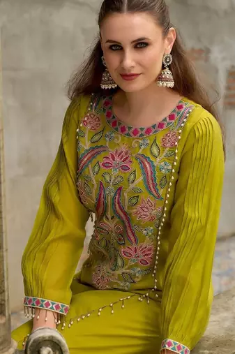 Floral Embroidered A-Line Round Neck Beads & Stones Kurta With Trousers & Dupatta