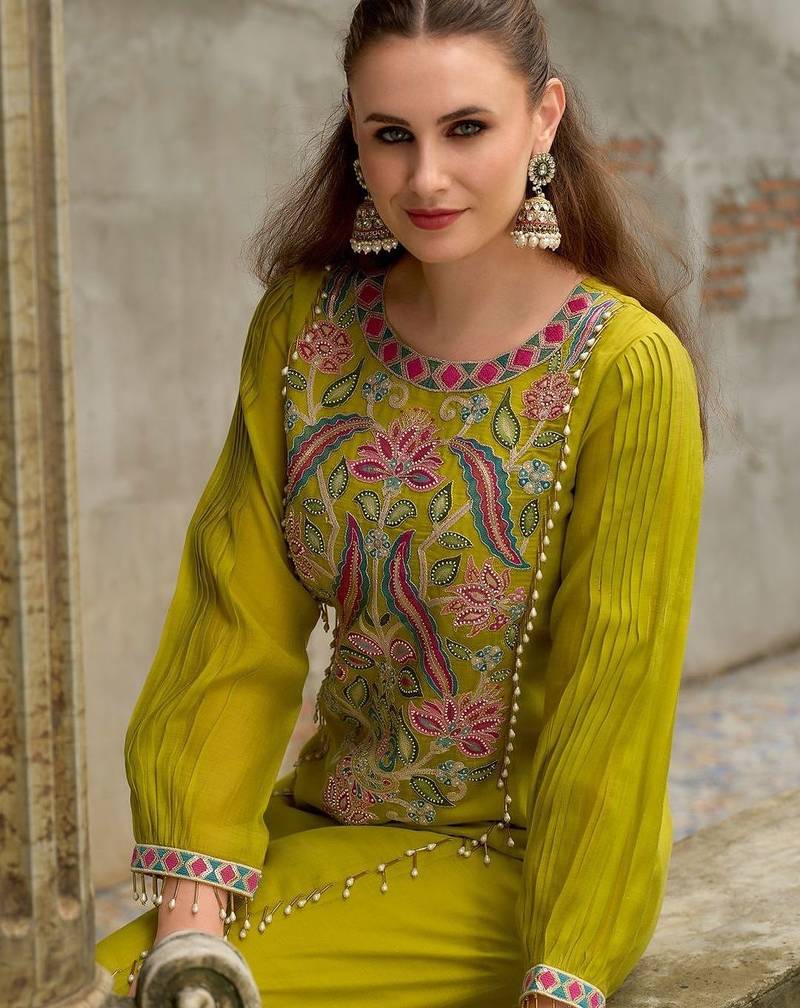 Floral Embroidered A-Line Round Neck Beads & Stones Kurta With Trousers & Dupatta