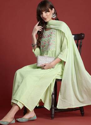 Floral Embroidered Panelled Thread Work Pure Cotton Kurta with Trousers & Dupatta 1