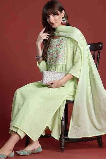Floral Embroidered Panelled Thread Work  Cotton Kurta with Trousers & Dupatta