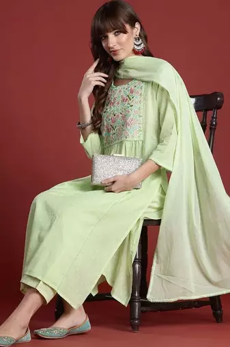Floral Embroidered Panelled Thread Work Pure Cotton Kurta with Trousers & Dupatta