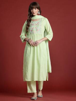 Floral Embroidered Panelled Thread Work Pure Cotton Kurta with Trousers & Dupatta 7