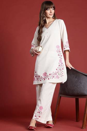 Floral Embroidered Thread Work Pure Cotton Kurta with Palazzos