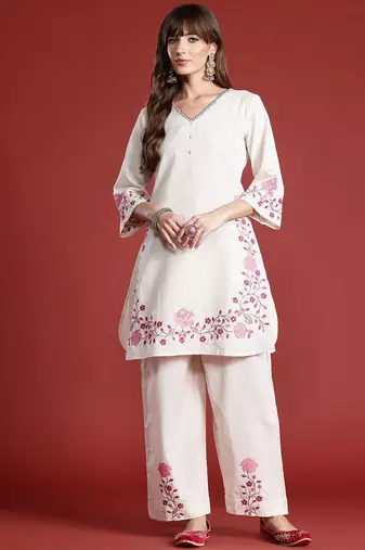 Floral Embroidered Thread Work Pure Cotton Kurta with Palazzos