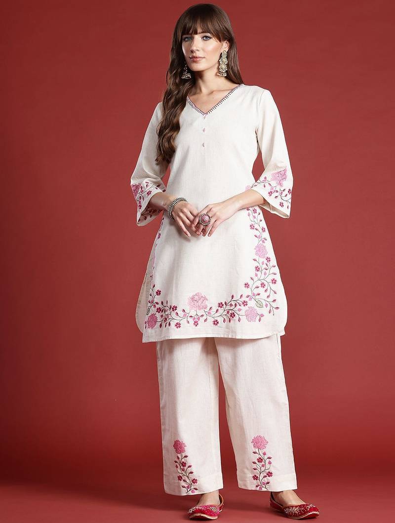 Floral Embroidered Thread Work Pure Cotton Kurta with Palazzos