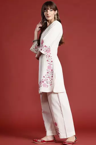 Floral Embroidered Thread Work Pure Cotton Kurta with Palazzos