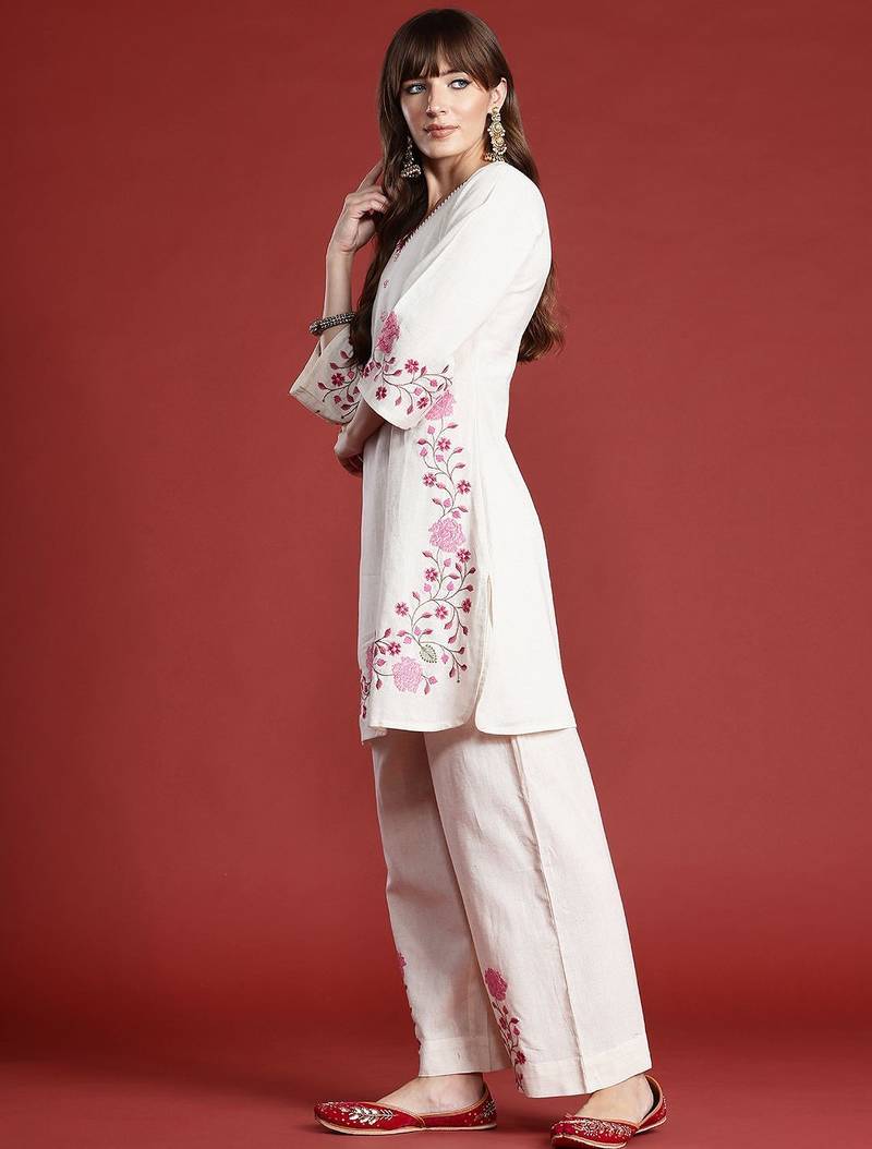 Floral Embroidered Thread Work Pure Cotton Kurta with Palazzos